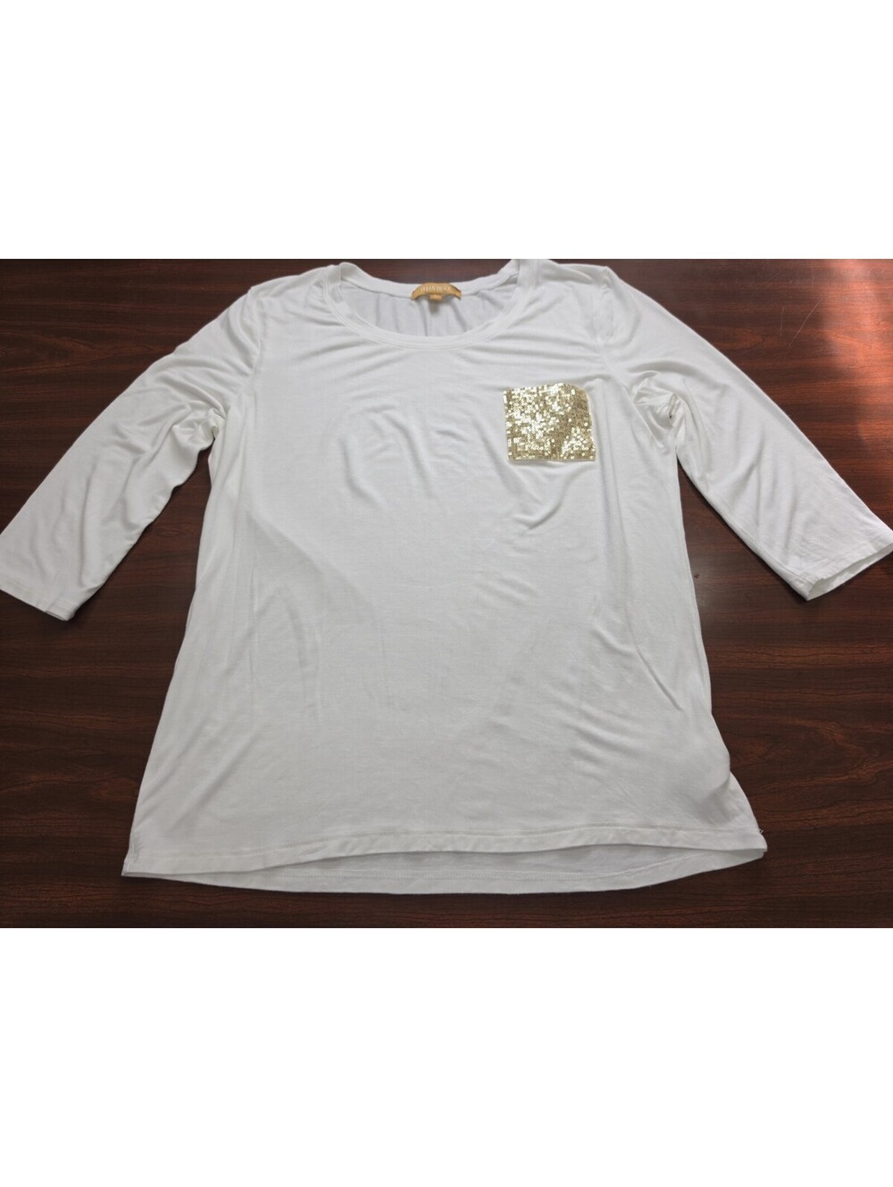 Ellen Tracy White Gold Sequin Pocket Long Sleeve Large Minimalist Chic Top